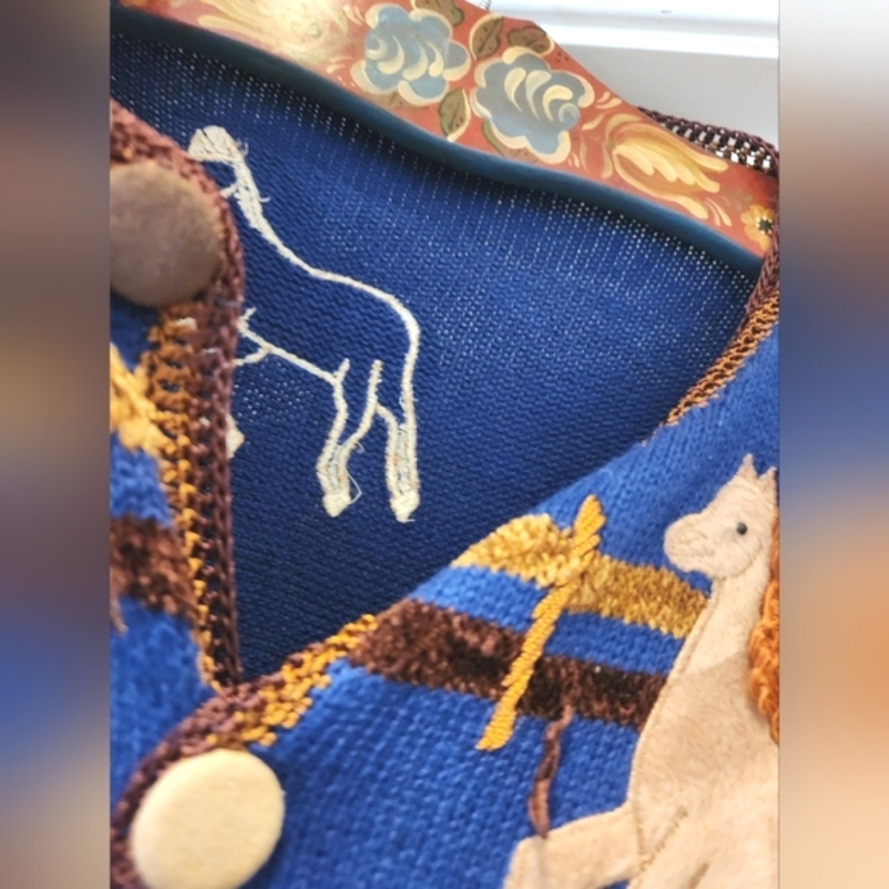 80s VICTORIA HARBOUR Kitsch Horses Country Western Ranch Knit Cardigan Jumper EV - Picture 2 of 16